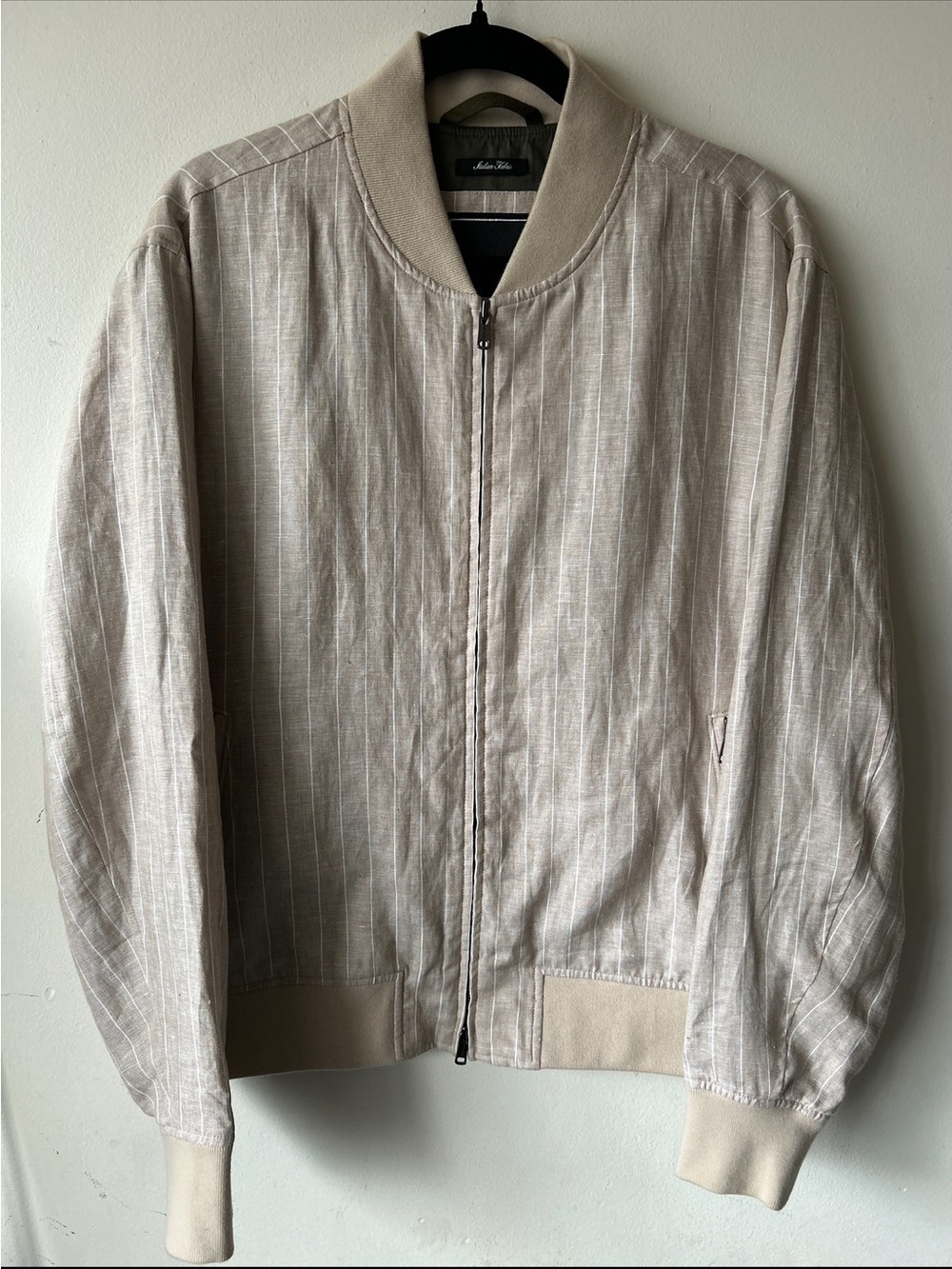 Todd Snyder Italian Linen Pinstripe Varsity Jacket in Ecru -Large, NWOT